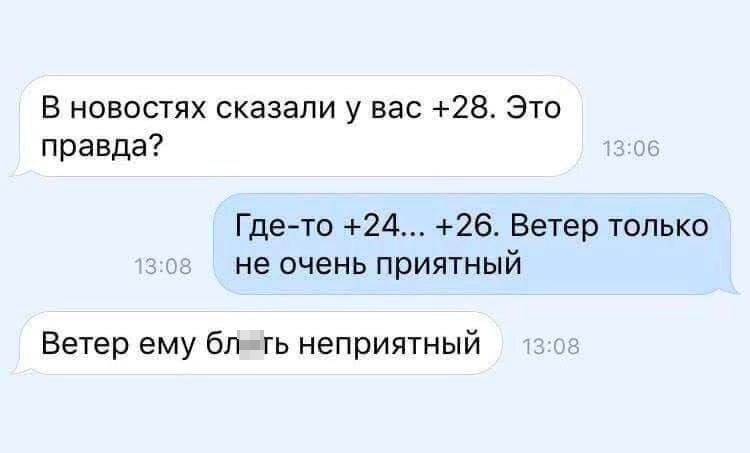 – В новостях сказали у вас +28. Это правда?
– Где-то +24... +26. Ветер только не очень приятный.
– Ветер ему блть неприятный.