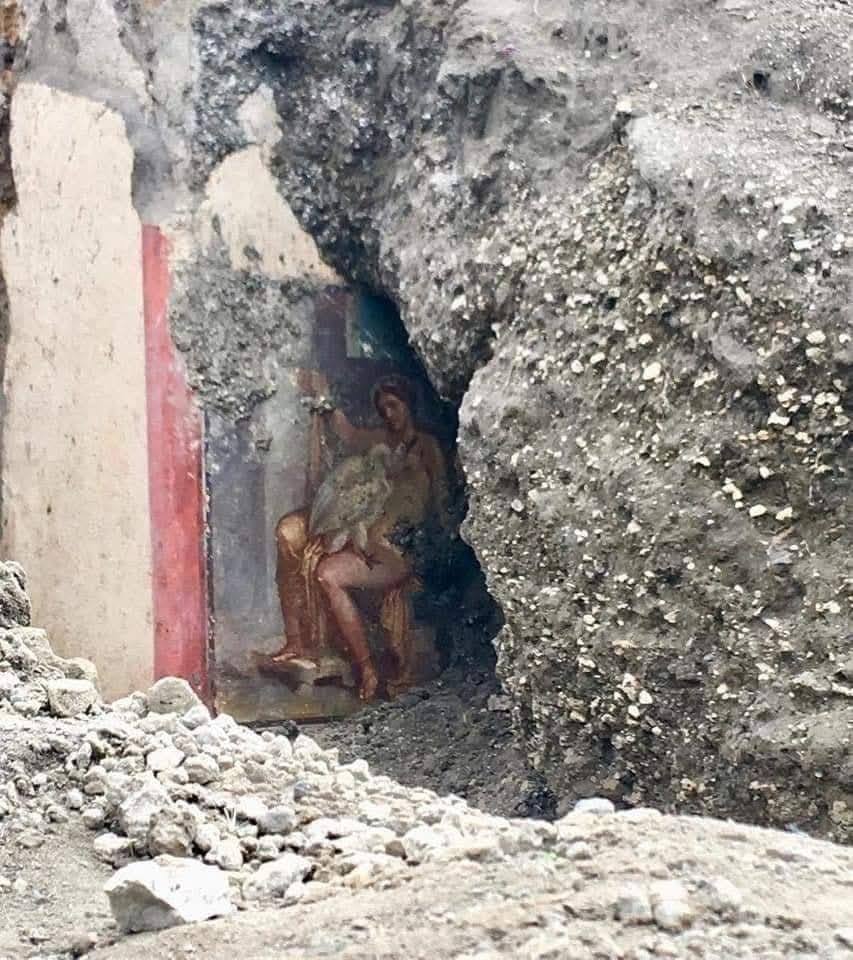 Фотография 2018 года. Археологи открыли область раскопок Regio V. На снимке фреска – одна из первых интерпретаций греческого мифа «Леда и лебедь». В нём рассказывается о том, как Зевс превратился в лебедя, чтобы добиться расположения женщины, если вы понимаете о чем речь.