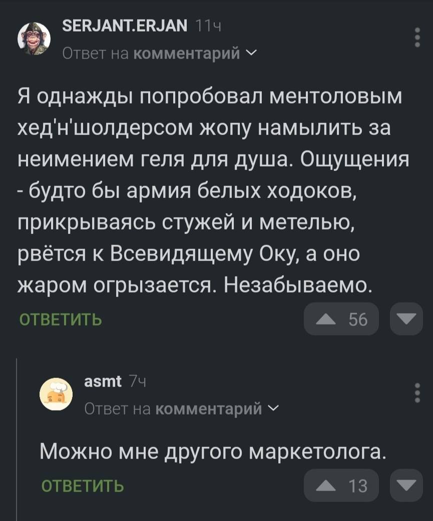 – Я однажды попробовал ментоловым хед'н'шолдерсом жопу намылить за неимением геля для душа. Ощущения – будто бы армия белых ходоков, прикрываясь стужей и метелью, рвётся к Всевидящему Оку, а оно жаром огрызается. Незабываемо.
– Можно мне другого маркетолога.