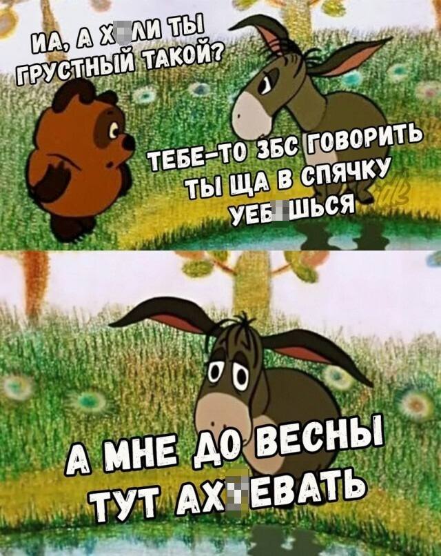– ИА, а х*ли ты грустный такой?
– Тебе-то збс говорить, ты ща в спячку у*бёшься, а мне до весны тут ах*евать...