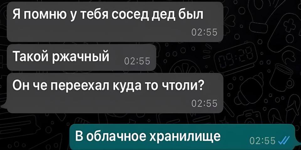 – Я помню у тебя сосед дед был. Такой прикольный. Он че переехал куда то что ли?
– В облачное хранилище.