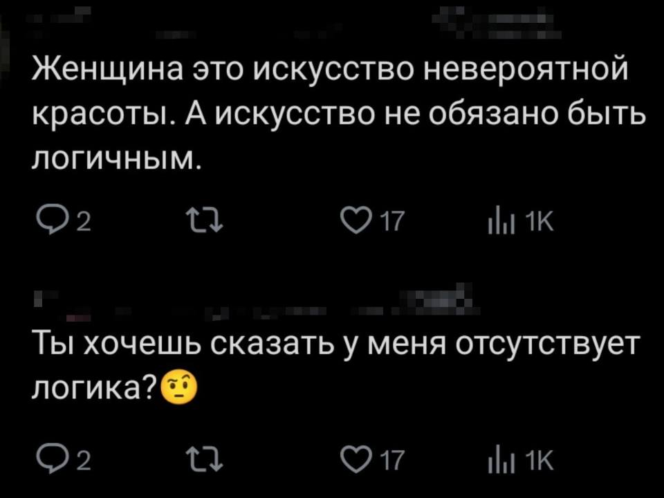 – Женщина это искусство невероятной красоты. А искусство не обязано быть логичным.
– Ты хочешь сказать у меня отсутствует логика?