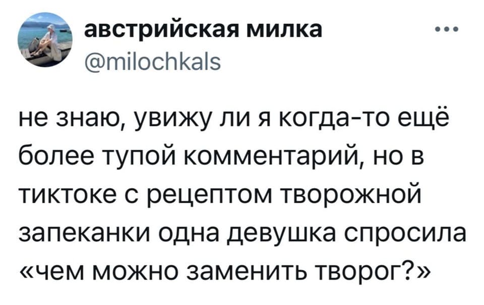 Не знаю, увижу ли я когда-то ещё более тупой комментарий, но в тиктоке с рецептом творожной запеканки одна девушка спросила «чем можно заменить творог?».