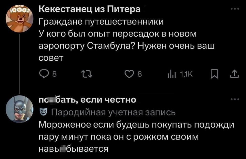 – Граждане путешественники! У кого был опыт пересадок в новом аэропорту Стамбула? Нужен очень ваш совет.
– Мороженое если будешь покупать, подожди пару минут, пока он с рожком своим навьебывается.