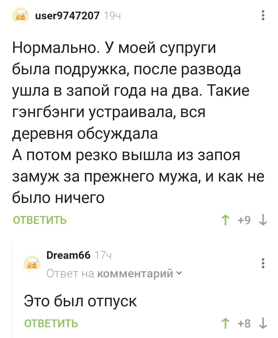 – Нормально. У моей супруги была подружка, после развода ушла в запой года на два. Такие гэнгбэнги устраивала, вся деревня обсуждала. А потом резко вышла из запоя, замуж за прежнего мужа, и как не было ничего.
– Это был отпуск.