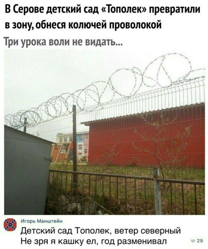 Из новостей: В Серове детский сад «Тополёк» превратили в зону, обнеся колючей проволокой. Три урока воли не видать...
– Детский сад Тополёк, ветер северный
Не зря я кашку ел, год разменивал 29