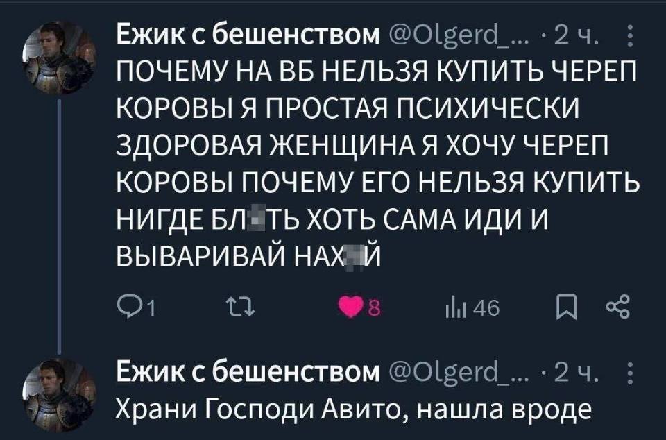 – ПОЧЕМУ НА ВБ НЕЛЬЗЯ КУПИТЬ ЧЕРЕП КОРОВЫ?! Я ПРОСТАЯ ПСИХИЧЕСКИ ЗДОРОВАЯ ЖЕНЩИНА, Я ХОЧУ ЧЕРЕП КОРОВЫ, ПОЧЕМУ ЕГО НЕЛЬЗЯ КУПИТЬ НИГДЕ БЛ*ТЬ, ХОТЬ САМА ИДИ И ВЫВАРИВАЙ НАХ*Й!
– Храни Господи Авито, нашла вроде.