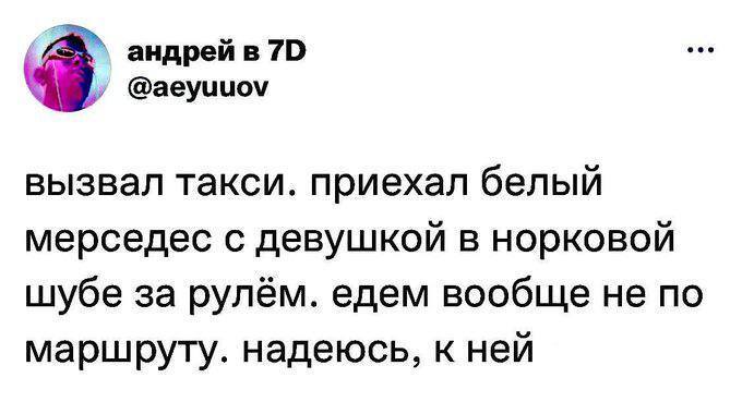 Вызвал такси. Приехал белый мерседес с девушкой в норковой шубе за рулём. Едем вообще не по маршруту. Надеюсь, к ней.