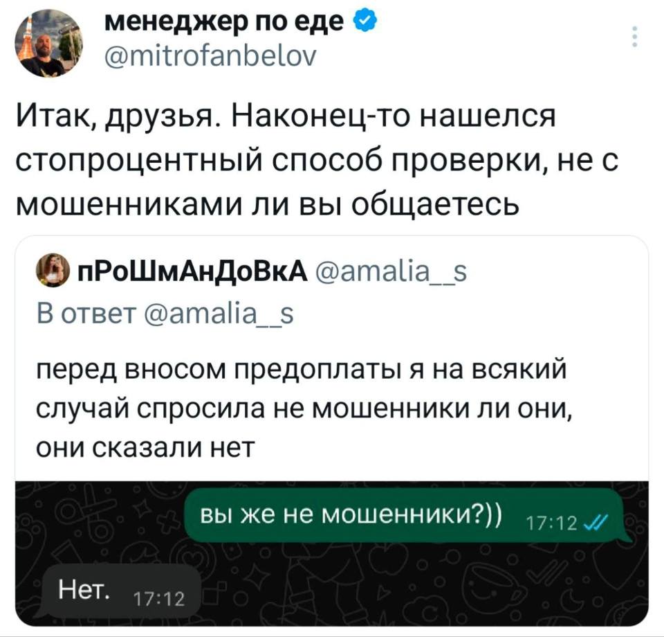 – Итак, друзья. Наконец-то нашёлся стопроцентный способ проверки, не с мошенниками ли вы общаетесь: Перед вносом предоплаты я на всякий случай спросила не мошенники ли они, они сказали нет.

– Вы же не мошенники?))
– Heт.