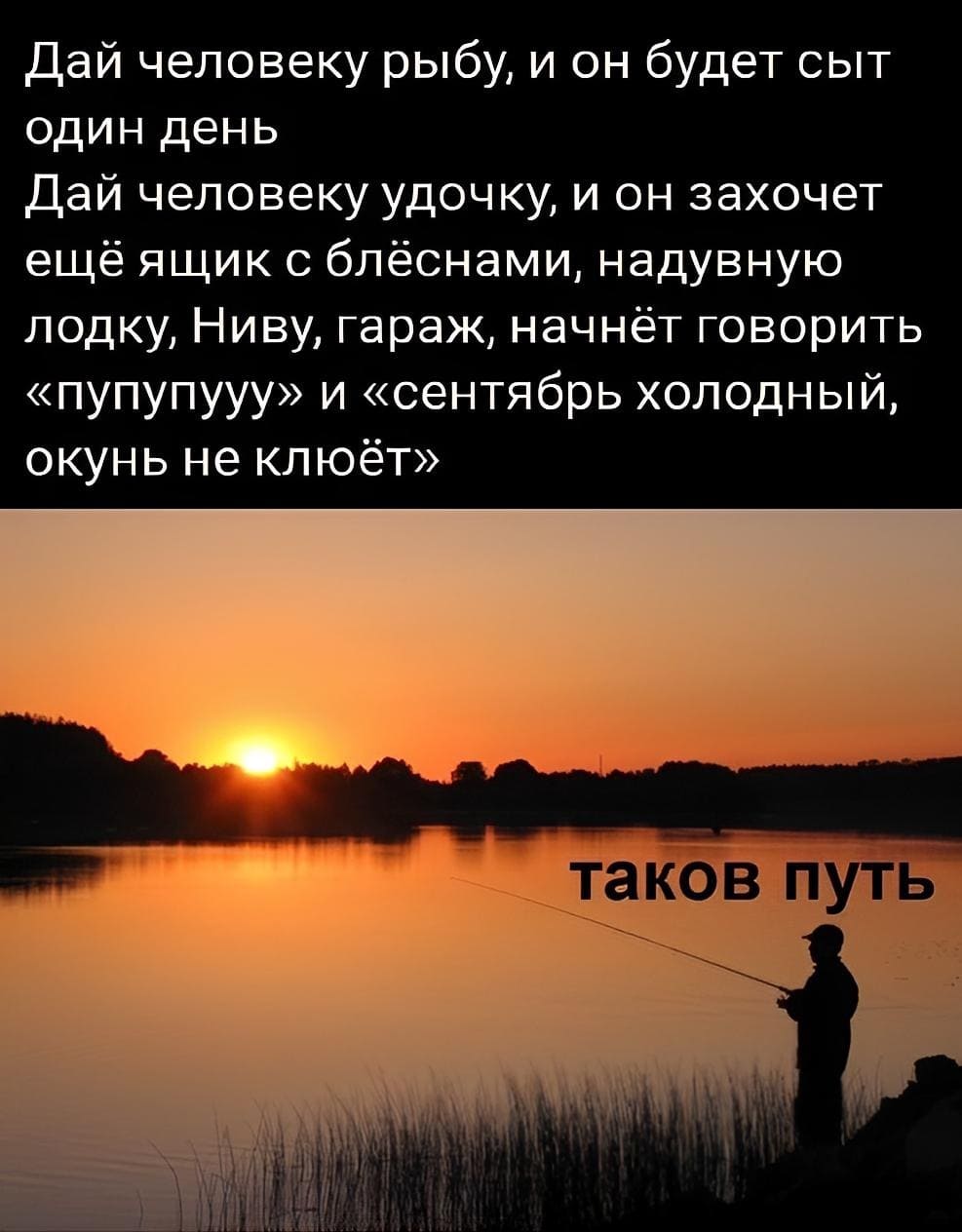 Дай человеку рыбу, и он будет сыт один день Дай человеку удочку, и он захочет ещё ящик с блеснами, надувную лодку, Ниву, гараж, начнёт говорить и «сентябрь холодный, окунь не клюёт».
*ТАКОВ ПУТЬ*