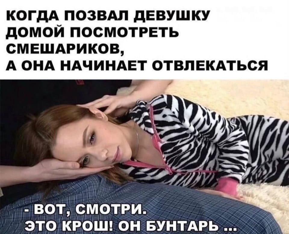 *Когда позвал девушку домой посмотреть «Смешариков», а она начинает отвлекаться*
– Вот, смотри, это Крош! Он бунтарь ...