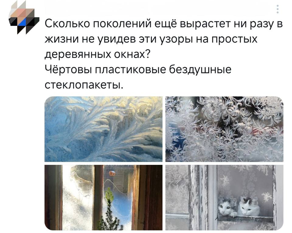 Сколько поколений ещё вырастет ни разу в жизни не увидев эти узоры на простых деревянных окнах? Чёртовы пластиковые бездушные стеклопакеты.