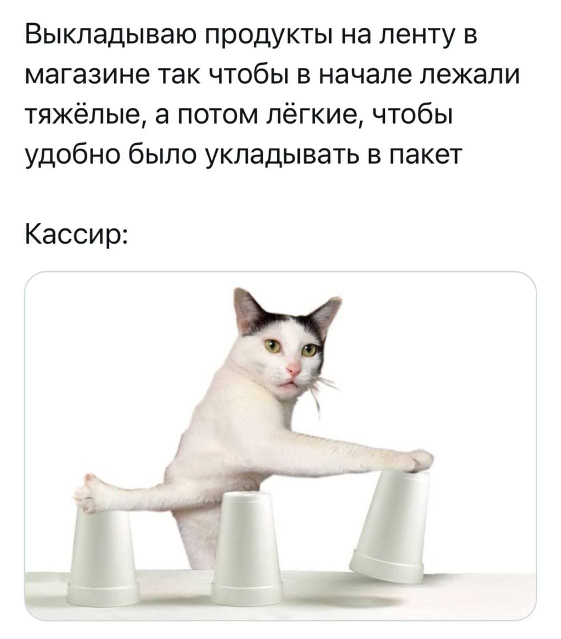Выкладываю продукты на ленту в магазине так чтобы в начале лежали тяжёлые, а потом лёгкие, чтобы удобно было укладывать в пакет.
Кассир: *всё меняет местами*