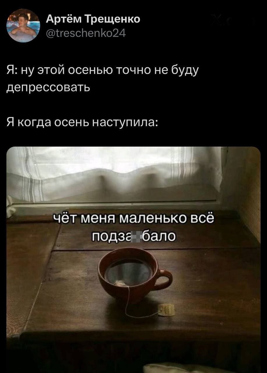 Я: ну этой осенью точно не буду депрессовать.
Я когда осень наступила: чёт меня маленько всё подза***бало...