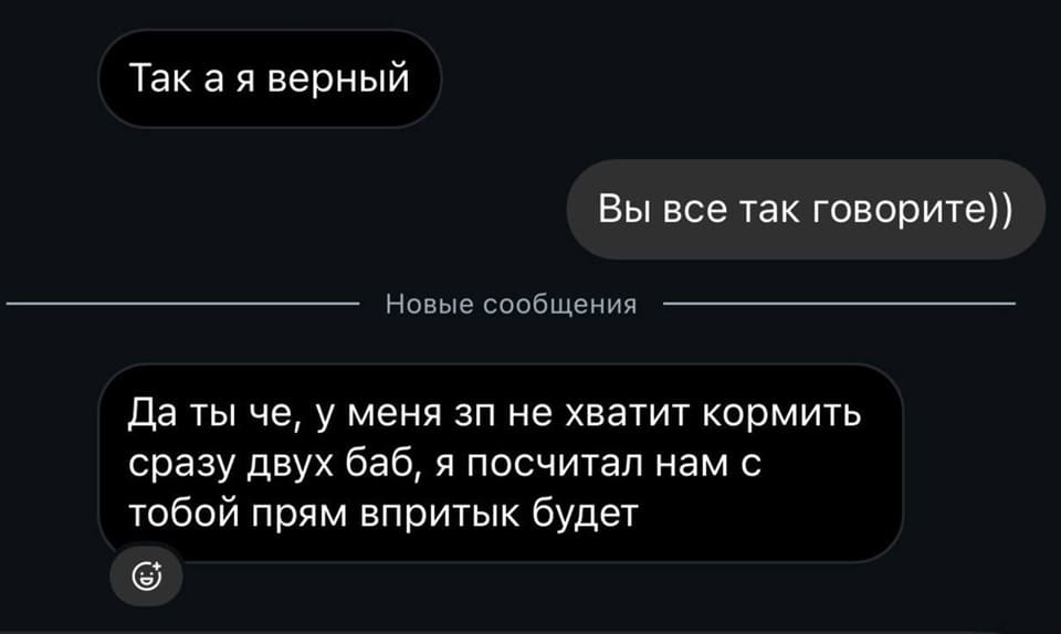 – Так а я верный.
– Вы все так говорите))
– Да ты че, у меня ЗП не хватит кормить сразу двух баб, я посчитал нам с тобой прям впритык будет.