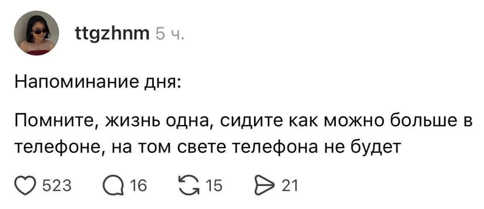 Напоминание дня: Помните, жизнь одна, сидите как можно больше в телефоне, на том свете телефона не будет.