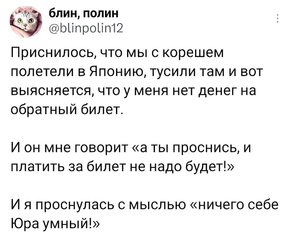 Приснилось, что мы с корешем полетели в Японию, тусили там и вот выясняется, что у меня нет денег на обратный билет.
И он мне говорит «а ты проснись, и платить за билет не надо будет!».
И я проснулась с мыслью «ничего себе Юра умный!».