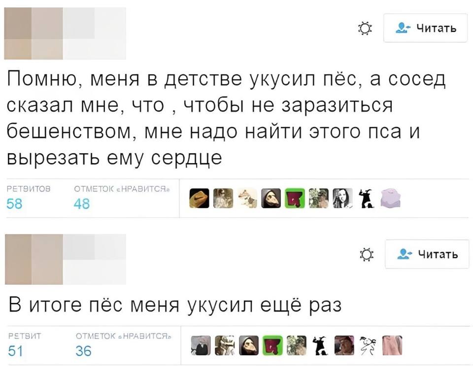 Помню, меня в детстве укусил пёс, а сосед сказал мне, что‚ чтобы не заразиться бешенством, мне надо найти этого пса и вырезать ему сердце.
В итоге пёс меня укусил ещё раз.