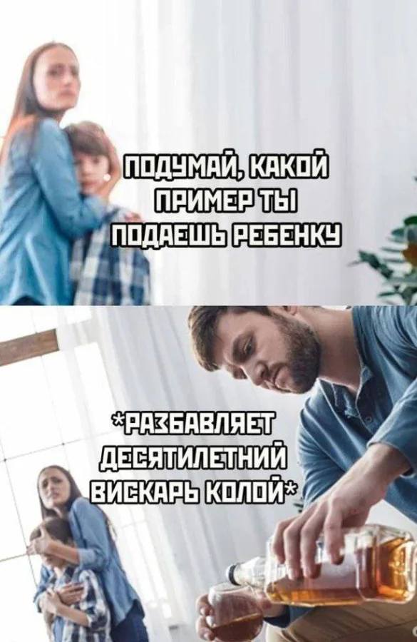 – Подумай, какой пример ты подаёшь ребёнку!
*Разбавляет десятилетний вискарь колой*