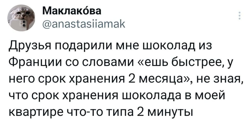 Друзья подарили мне шоколад из Франции со словами «ешь быстрее, у него срок хранения 2 месяца», не зная, что срок хранения шоколада в моей квартире что-то типа 2 минуты.