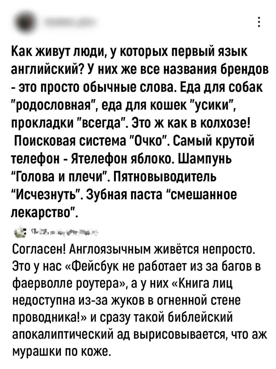 – Как живут люди, у которых первый язык английский? У них же все названия брендов — это просто обычные слова. Еда для собак «родословная», еда для кошек «усики», прокладки «всегда». Это ж как в колхозе! Поисковая система «Очко». Самый крутой телефон – Ятелефон яблоко. Шампунь «Голова и плечи». Пятновыводитель «Исчезнуть». Зубная паста «смешанное лекарство».
– Согласен! Англоязычным живётся непросто. Это у нас «Фейсбук не работает из за багов в фаерволле роутера», а у них «Книга лиц недоступна из-за жуков в огненной стене проводника!» и сразу такой библейский апокалиптический ад вырисовывается, что аж мурашки по коже.
