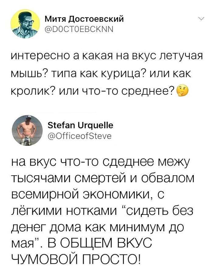 – Интересно, а какая на вкус летучая мышь? Типа как курица? Или как кролик? Или что-то среднее?
– На вкус что-то среднее межу тысячами смертей и обвалом всемирной экономики, с лёгкими нотками «сидеть без денег дома как минимум до мая». В ОБЩЕМ ВКУС ЧУМОВОЙ ПРОСТО!