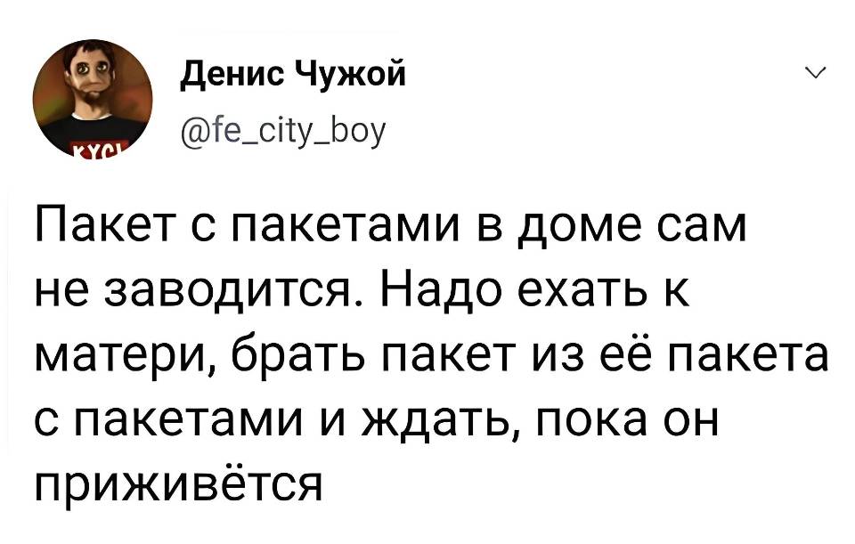Пакет с пакетами в доме сам не заводится. Надо ехать к матери, брать пакет из её пакета с пакетами и ждать, пока он приживётся.