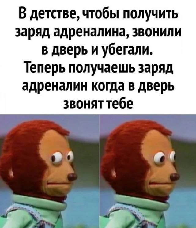 В детстве, чтобы получить заряд адреналина, звонили в дверь и убегали.
Теперь получаешь заряд адреналин когда в дверь звонят тебе.