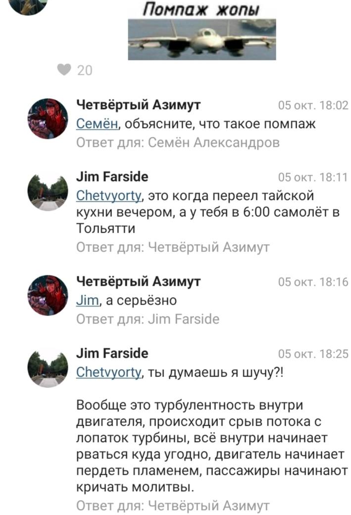 *Помпаж жопы*
– Объясните, что такое помпаж?
– Это когда переел тайской кухни вечером, а у тебя в 6:00 самолёт в Тольятти.
– А серьёзно?
– Ты думаешь я шучу?! Вообще это турбулентность внутри двигателя, происходит срыв потока с лопаток турбины, всё внутри начинает рваться куда угодно, двигатель начинает пердеть пламенем, пассажиры начинают кричать молитвы.