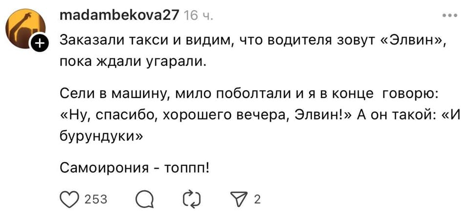 Заказали такси и видим, что водителя зовут «Элвин», пока ждали угарали.
Сели в машину, мило поболтали и я в конце говорю: «Ну, спасибо, хорошего вечера, Элвин!» А он такой: «И бурундуки»
Самоирония – топпп!