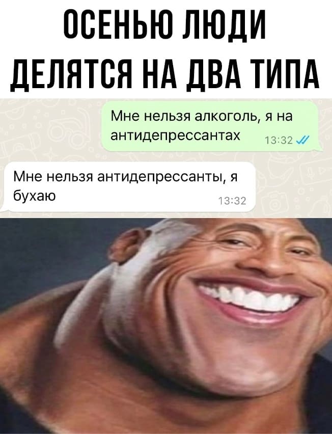 ОСЕНЬЮ ЛЮДИ ДЕЛЯТСЯ НА ДВА ТИПА:
– Мне нельзя алкоголь, я на антидепрессантах.
– Мне нельзя антидепрессанты, я бухаю.