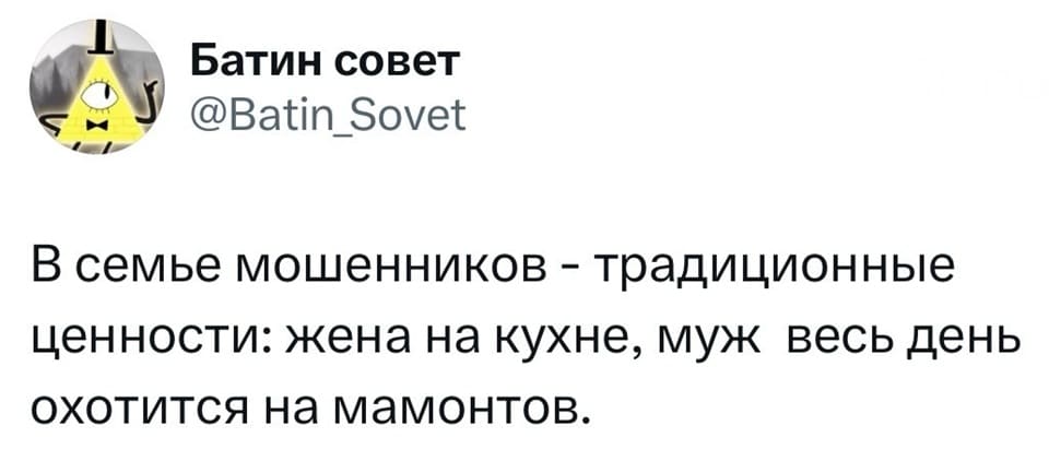 В семье мошенников — традиционные ценности: жена на кухне, муж весь день охотится на мамонтов.