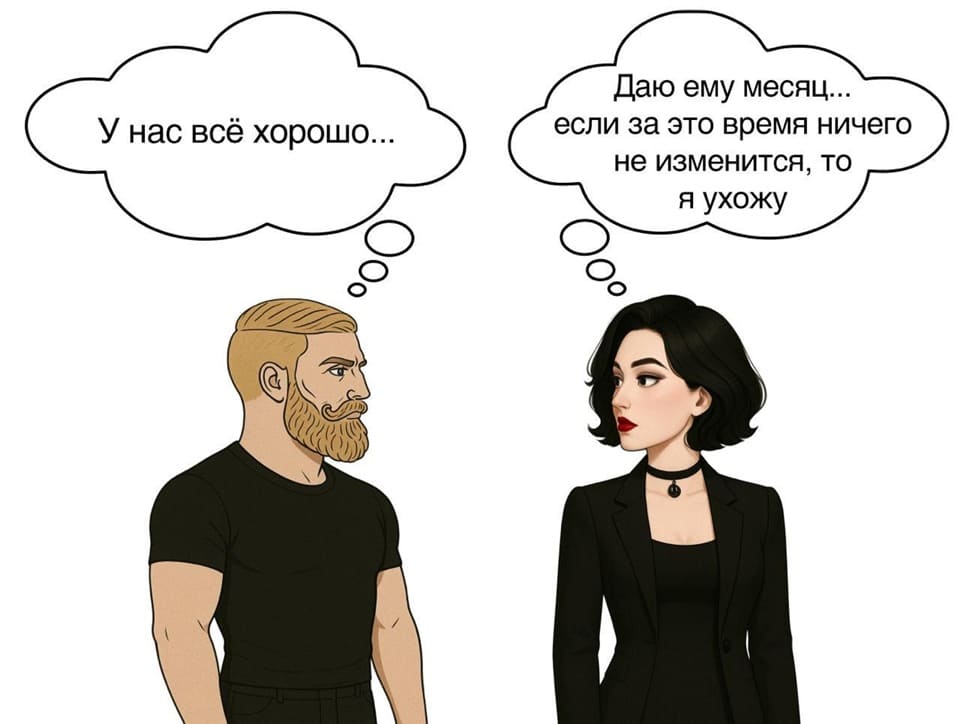 – У нас всё хорошо...
– Даю ему месяц... если за это время ничего не изменится, то я ухожу.