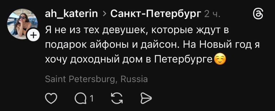 Я не из тех девушек, которые ждут в подарок айфоны и дайсон. На Новый год я хочу доходный дом в Петербурге.