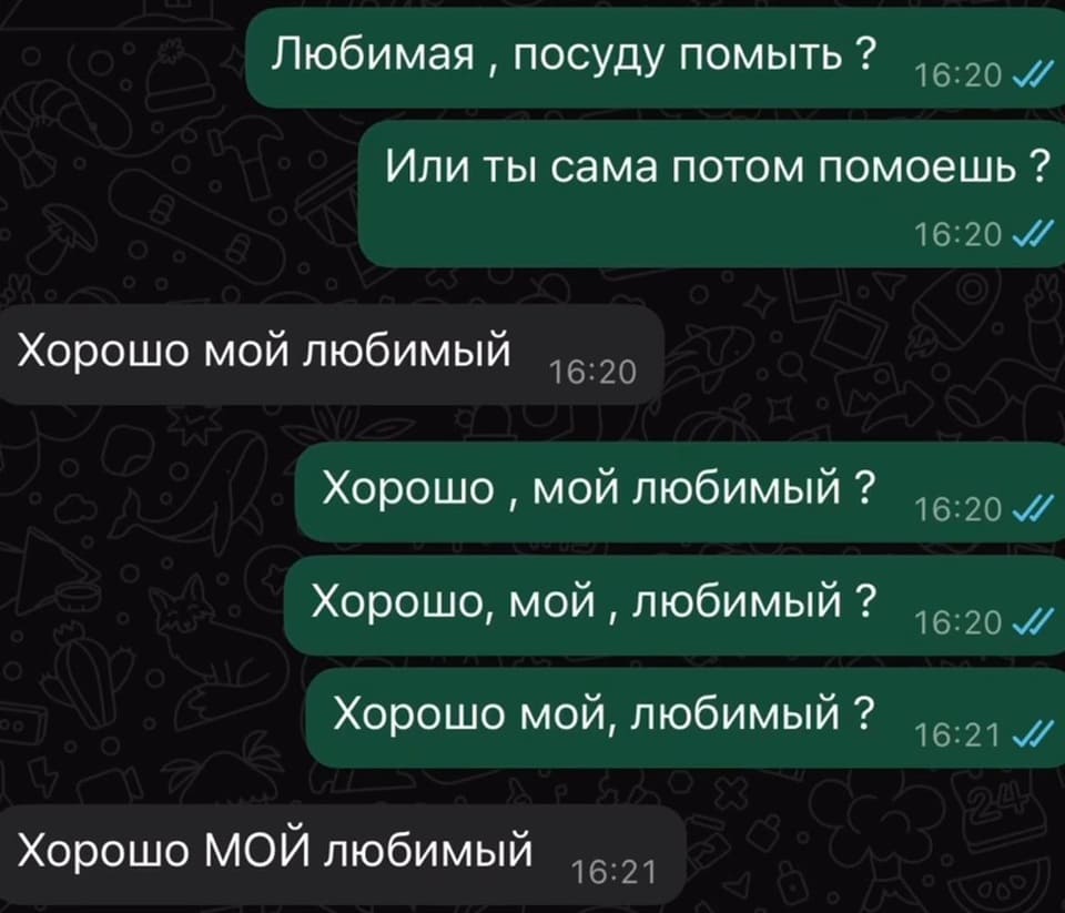 – Любимая, посуду помыть? Или ты сама потом помоешь?
– Хорошо мой любимый.
– Хорошо, мой любимый? Хорошо, мой, любимый? Хорошо мой, любимый?
– Хорошо МОЙ любимый.