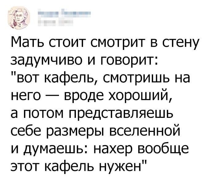 И я призадумался... Мать стоит смотрит в стену задумчиво и говорит: «вот кафель, смотришь на него — вроде хороший, а потом представляешь себе размеры вселенной и думаешь: нахер вообще этот кафель нужен»
