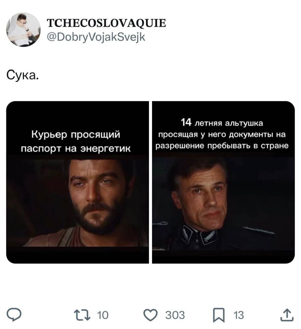 Сука.
*Курьер просящий паспорт на энергетик*
*14 летняя альтушка просящая у него документы на разрешение пребывать в стране*