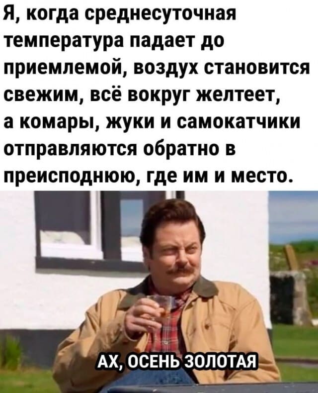 Я, когда среднесуточная температура падает до приемлемой, воздух становится свежим, всё вокруг желтеет, а комары, жуки и самокатчики отправляются обратно в преисподнюю, где им и место.