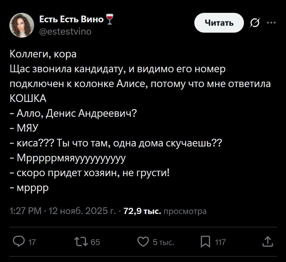 Коллеги, кора. Щас звонила кандидату, и видимо его номер подключен к колонке Алисе, потому что мне ответила КОШКА!
– Алло, Денис Андреевич?
– МЯУ!
– Киса??? Ты что там, одна дома скучаешь??
– МрррррмяяууУУУУУ'УУУ
– Скоро придет хозяин, не грусти!
– Мрррр...