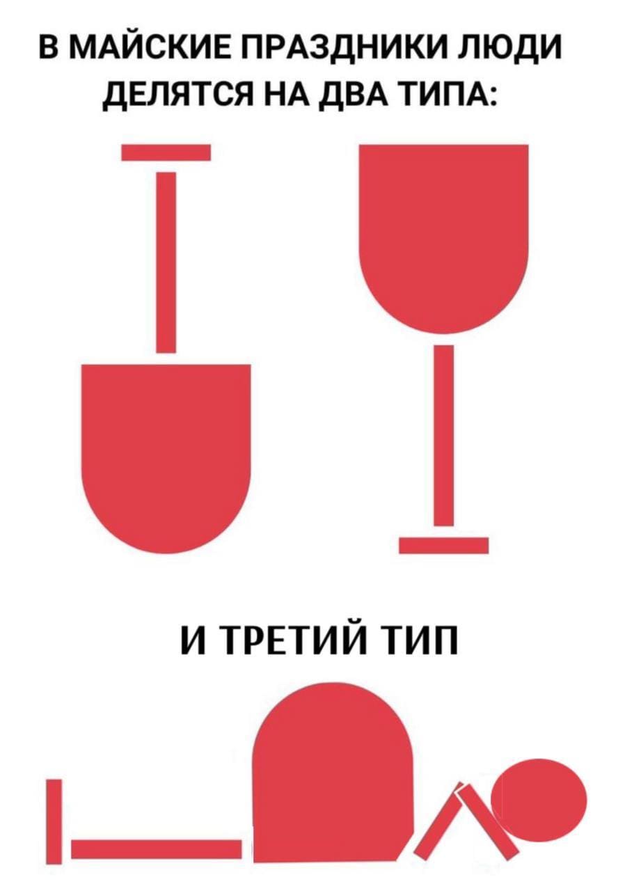*В МАЙСКИЕ ПРАЗДНИКИ ЛЮДИ ДЕЛЯТСЯ НА ДВА ТИПА*
*И ТРЕТИЙ ТИП*