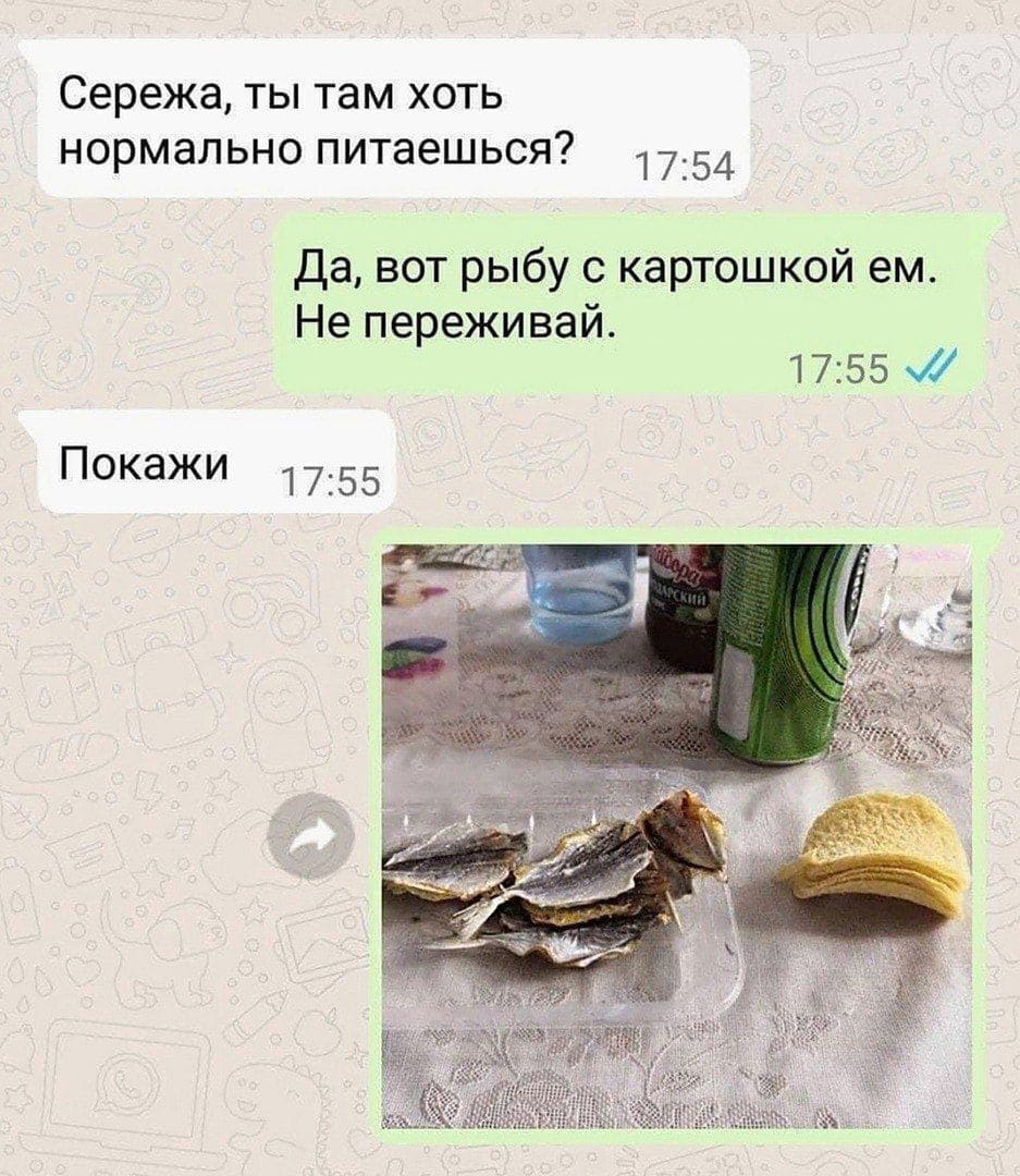 – Сережа, ты там хоть нормально питаешься?
– Да, вот рыбу с картошкой ем. Не переживай.
– Покажи.
*Сушёная рыба, чипсы, пиво*