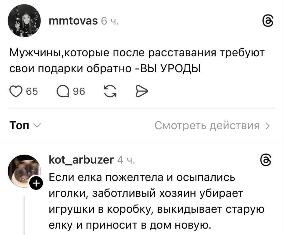 – Мужчины‚ которые после расставания требуют свои подарки обратно — ВЫ УРОДЫ!
– Если елка пожелтела и осыпались иголки, заботливый хозяин убирает игрушки в коробку, выкидывает старую елку и приносит в дом новую.