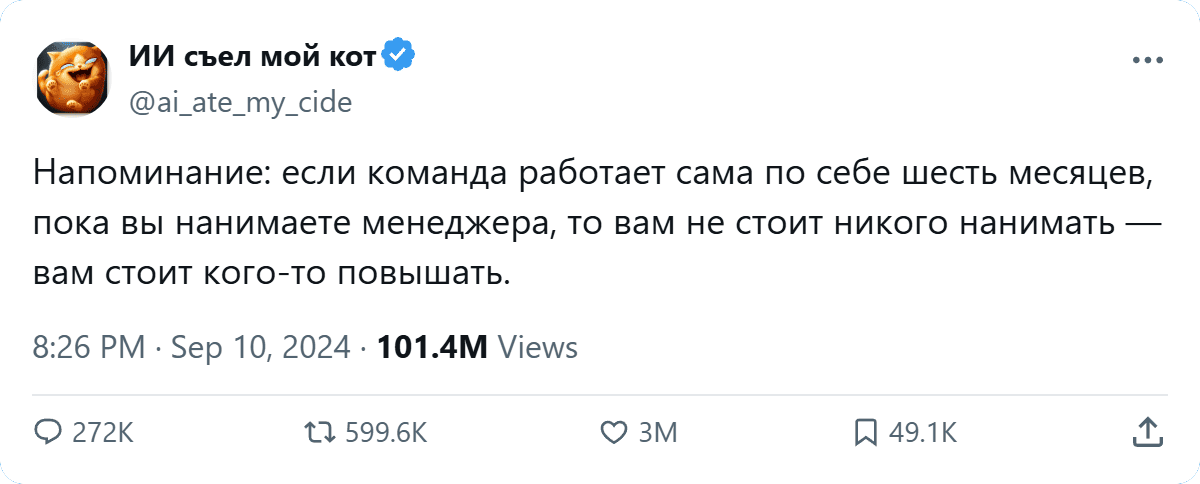 Напоминание: если команда работает сама по себе шесть месяцев, пока вы нанимаете менеджера, то вам не стоит никого нанимать — вам стоит кого-то повышать.