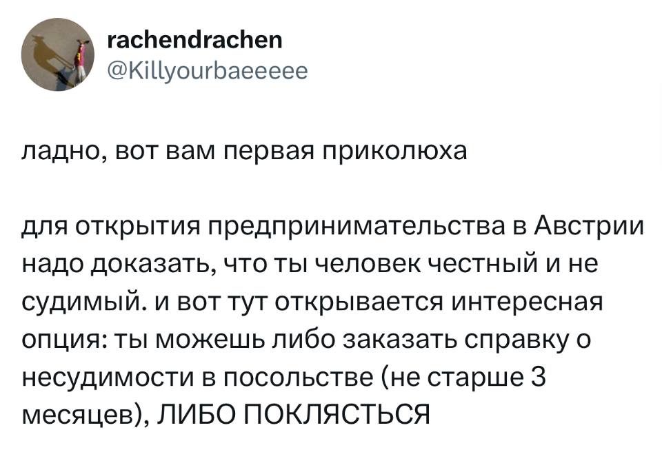 Ладно, вот вам первая приколюха.
Для открытия предпринимательства в Австрии надо доказать, что ты человек честный и не судимый. И вот тут открывается интересная опция: ты можешь либо заказать справку о несудимости в посольстве (не старше 3 месяцев), ЛИБО ПОКЛЯСТЬСЯ.