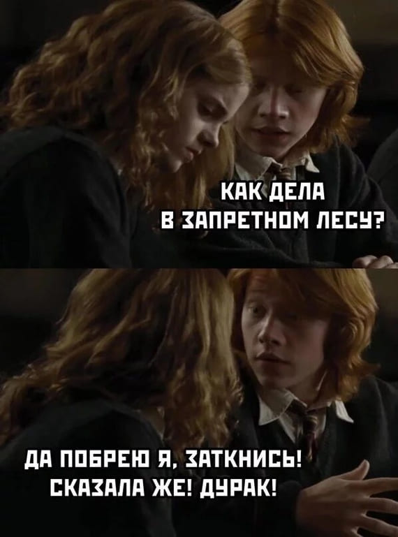 – Как дела в «Запретном лесу»?
– Да побрею я, заткнись! Сказала же! Дурак!