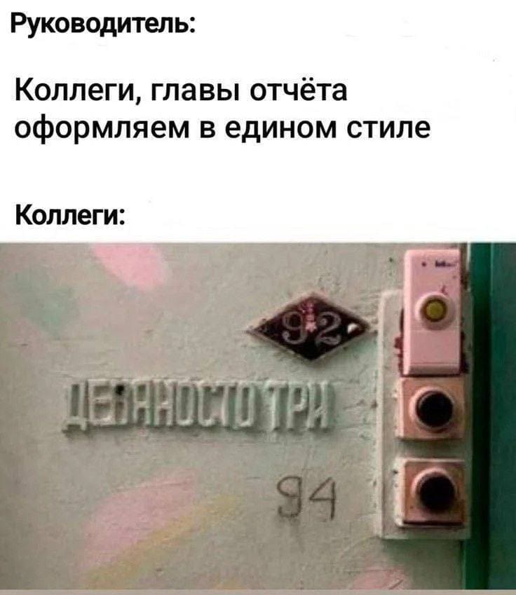 Руководитель: Коллеги, главы отчёта оформляем в едином стиле.
*Коллеги и их оформление*