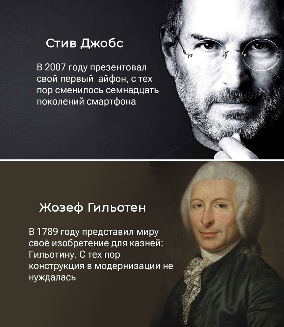 Стив Джобс в 2007 году презентовал свой первый айфон, с тех пор сменилось семнадцать поколений смартфона.
Жозеф Гильотен в 1789 году представил миру своё изобретение для казней: Гильотину. С тех пор конструкция в модернизации не нуждалась.