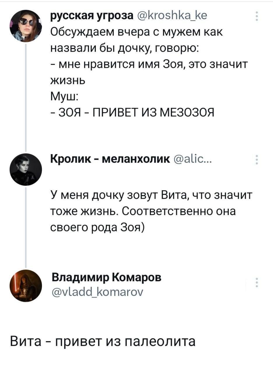 – Обсуждаем вчера с мужем как назвали бы дочку, говорю: мне нравится имя Зоя, это значит жизнь. Муж: ЗОЯ — ПРИВЕТ ИЗ МЕЗОЗОЯ.
– У меня дочку зовут Вита, что значит тоже жизнь. Соответственно она своего рода Зоя)
– Вита — привет из палеолита.