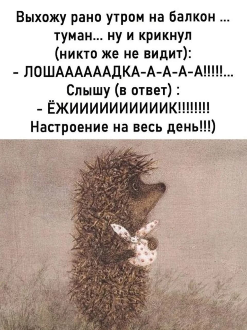 Выхожу рано утром на балкон... туман... ну и крикнул (никто же не видит):
– ЛОШААААААДКА-А-А-А-А!!!
Слышу (в ответ) :
– ЁЖИИИИИИИИИИК!!!!
Настроение на весь день!!!