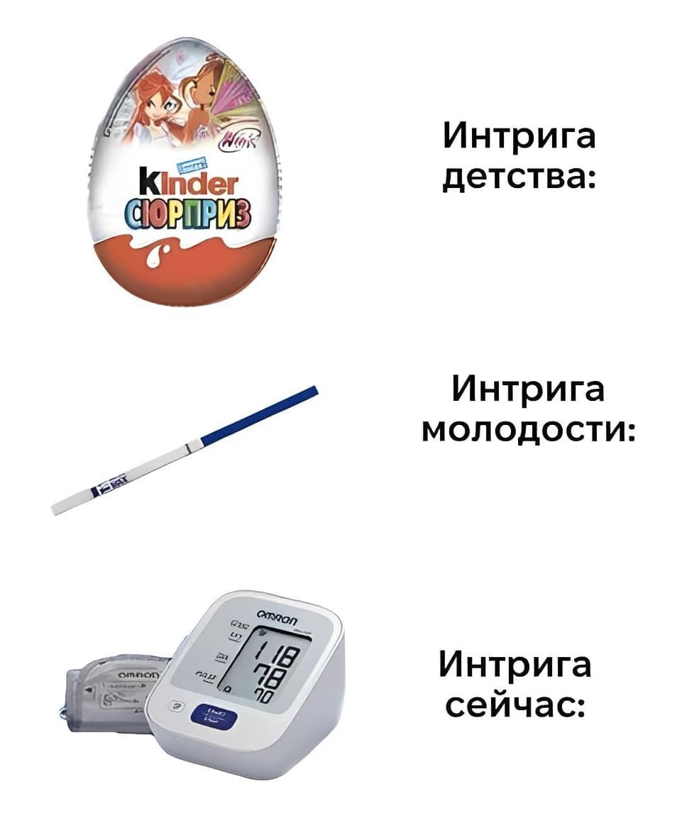 Интрига детства: *Киндер-сюрприз*
Интрига молодости: *Тест на беременность*
Интрига сейчас: *Артериальное давление (тонометр)*